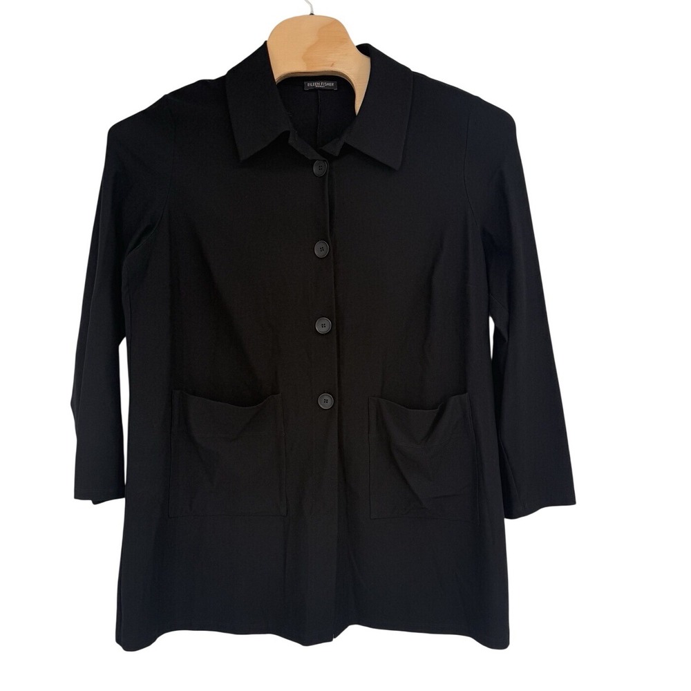 EILEEN FISHER Jacket Stretch Crepe Button Front Cardigan Black Pockets Sz L?